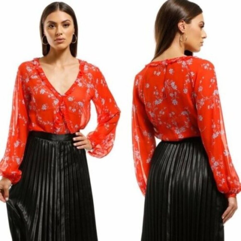 NICHOLAS Floral Ruffle-Trim Silk Blouse